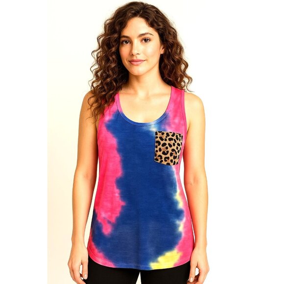 CCC Colorful Tie Dye Tank Top Leopard Print Chest Pocket Sleeveless Shirt Size S - Picture 9 of 11